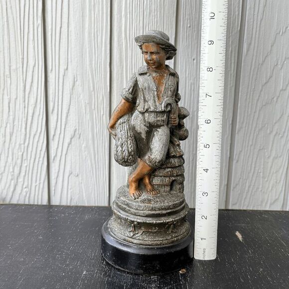 Vintage Pewter Boy with Beehive Statue Painted Folk Art Decor - Picture 7 of 11